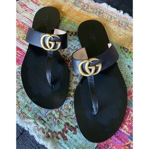 GUCCI Black Marmont Gold Bronze Metal GG Logo Sandals Flip Flops Size EU 39 US 9